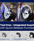 Front view of a 4-1/2 in corded angle grinder with tool-free guard; shows grinding guard and splash cover