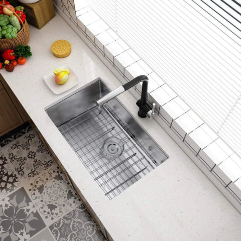 Overhead view of 28-inch undermount kitchen sink with deep 10-inch basin, premium 304 stainless steel, in modern kitchen.