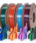 Silk Dual Color PLA Filament Bundle, 1.75mm, 4 Spools Each At 250g, Dope Color Changing Silk Finish with 3D printed elephants