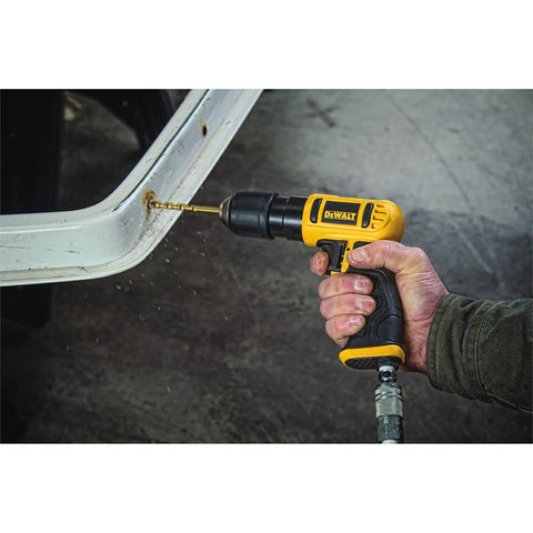Pneumatic Drill 3/8 Inch Workhorse With Quick Change Keyless Chuck Reversible 2100 RPM drilling into metal surface
