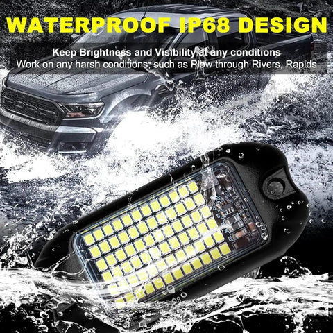 Four Pod Rock Lights With 72 LEDs 72W High Power Pure White Underglow for Trucks waterproof in rain and water