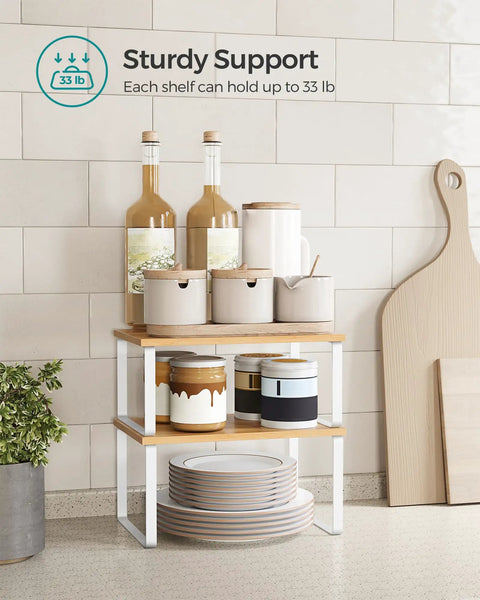 Stackable Cabinet Organizer Shelves Set Of 4 Hella Super Convenient Kitchen Pantry Storage holding bottles and jars.