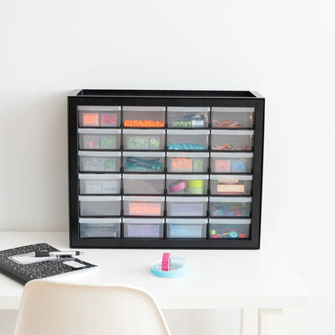 24 Drawer Plastic Storage Organizer Cabinet For Garage Tools Beads Crafts Balloons Building Bricks Stickers And Small Biz Supplies Durable Black Storage Organizer Made In USA For Easy Centralized Tidying placed on a white desk with stationary