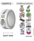 Science Sticker Roll For Kids 1000 Lab Labels In 2 Rolls 10 Chemistry Themed Designs featuring fun lab imagery.