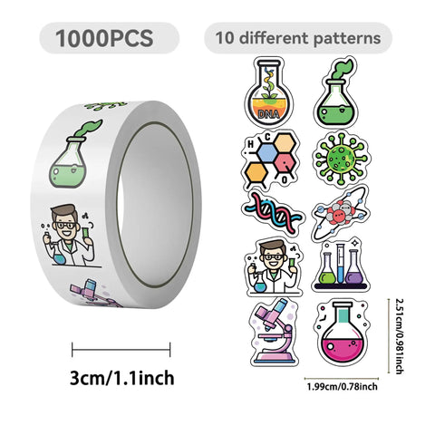 Science Sticker Roll For Kids 1000 Lab Labels In 2 Rolls 10 Chemistry Themed Designs featuring fun lab imagery.