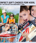 Collage of kids enjoying Fast RC Boat For Pools And Lakes With 2.4 GHz Remote Reaches Up To 20 MPH, shown in water and gift box.