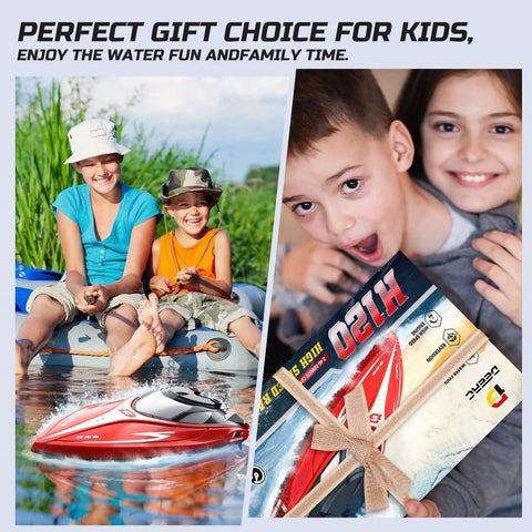 Collage of kids enjoying Fast RC Boat For Pools And Lakes With 2.4 GHz Remote Reaches Up To 20 MPH, shown in water and gift box.