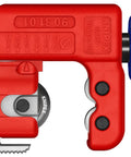 Three Inch TubiX S Pipe Cutter With QuickLock One Handed Adjustment for Copper and Stainless Steel Pipes from One Eighth to One and Eighth Inch Minimal Radius for Tight Spots, red and blue design