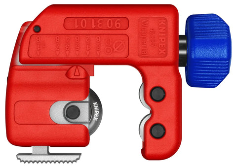Three Inch TubiX S Pipe Cutter With QuickLock One Handed Adjustment for Copper and Stainless Steel Pipes from One Eighth to One and Eighth Inch Minimal Radius for Tight Spots, red and blue design