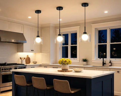 Karjearl Glass Pendant Lights Kitchen Island, 2 Pack Black Hanging Lighting above a kitchen island with a white marble top.