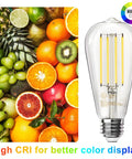 Vintage Edison Style LED Bulbs 12 Pack For Retro Vibes, 8W ST58, alongside vibrant fruits showing high CRI