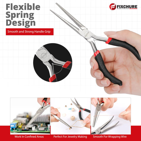 Heavy Duty 6 Inch Needle Nose Pliers 2 Pack Carbon Steel With Insulated PVC Handles Non Serrated Long Nose Pliers Anti Slip Grip Rust Proof Finish Built To Last For Electrical And General Use Beast Workhorse Pro Grade Tool with flexible spring design and ergonomic grip being used for jewelry making and wiring.