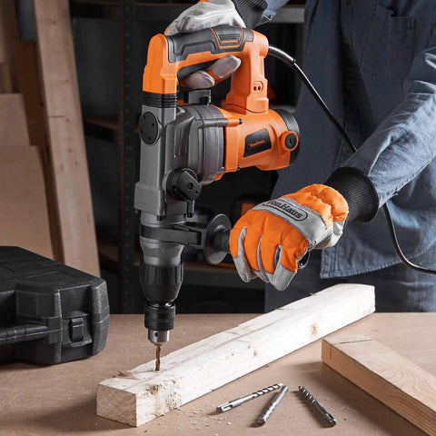 Worker using 10 Amp Rotary Hammer Drill With Vibration Control Three Modes Demolition Kit Chisels And Bits In Carry Case.