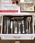 Expandable Silverware Drawer Organizer for kitchen storage showing organized utensils in black tray with compartments.