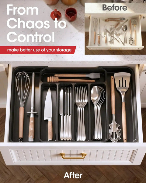 Expandable Silverware Drawer Organizer for kitchen storage showing organized utensils in black tray with compartments.