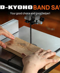 Heavy Duty 10 Inch Bandsaw For Woodworking With 1/2 Hp Motor And Dual Speed Up To 3280 FPM cutting through a wooden board.