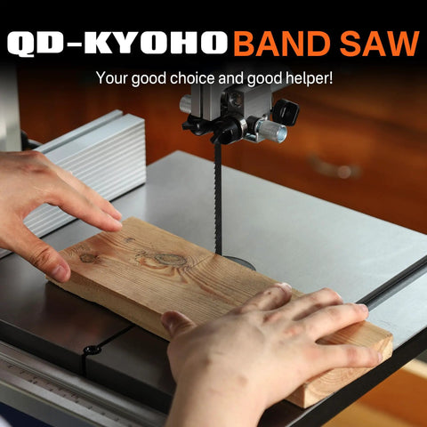Heavy Duty 10 Inch Bandsaw For Woodworking With 1/2 Hp Motor And Dual Speed Up To 3280 FPM cutting through a wooden board.