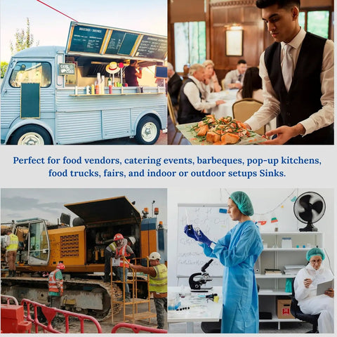Hustle Ready Portable Sink With Four Compartment Basin And Built In Hot Water Free Standing Hand Wash Station Top Drawer Pick For Food Trucks Catering And Events in use at a food truck and event.