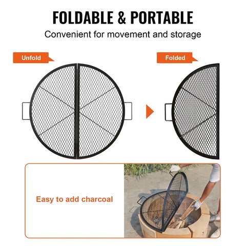 Foldable 36 Inch Round Fire Pit Grate For Outdoor Grillin with handles, shown open and folded, ideal for campfire use.
