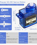 16 Pcs SG90 9G Mini Micro Servo Motors RC Servo Kit with Multi Arms and Fixing Screws, shown with dimensions and specs