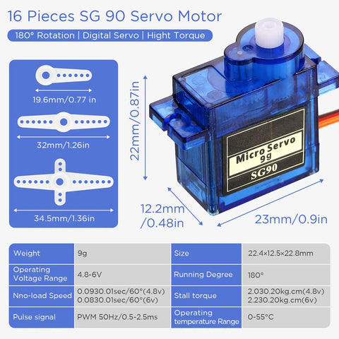16 Pcs SG90 9G Mini Micro Servo Motors RC Servo Kit with Multi Arms and Fixing Screws, shown with dimensions and specs