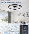 Totally Sleek Low Profile Ceiling Fan With Bright Light And Remote, 20 Inch Matte Black, Dope Smart App Control, Reversible Motor, Six Speed Settings, Sweet Dimmable Glow For Any Space in modern bedroom with remote control.