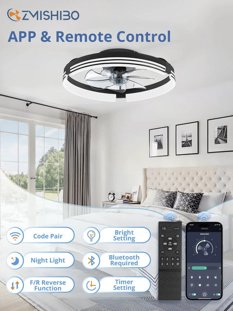 Totally Sleek Low Profile Ceiling Fan With Bright Light And Remote, 20 Inch Matte Black, Dope Smart App Control, Reversible Motor, Six Speed Settings, Sweet Dimmable Glow For Any Space in modern bedroom with remote control.
