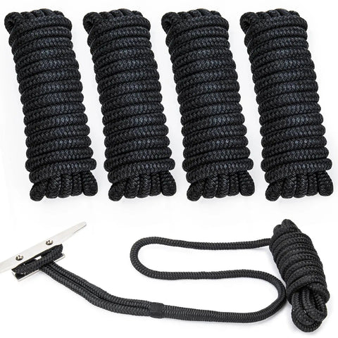 Four Pack Half Inch By Fifteen Foot Boat Dock Lines With Pre Spliced Twelve Inch Eyelet Black Marine Grade Double Braided Nylon