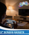 Child using screen remote for Mini Foldable Drone With 4.3 Inch Screen Remote No Smartphone Needed 720P HD Dual Camera indoors.