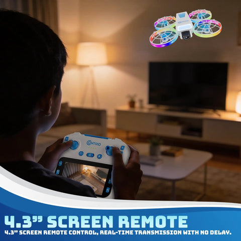 Child using screen remote for Mini Foldable Drone With 4.3 Inch Screen Remote No Smartphone Needed 720P HD Dual Camera indoors.