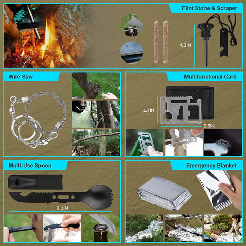 Image showing equipment from the 251 Essentials Survival Gear Kit With Crossbody Bag All In One Emergency First Aid And Outdoor Gear For Earthquakes Hiking Camping And Adventure A Prepper Grade Gift For Men And Women This Christmas, including a flint stone, wire saw, and emergency blanket.