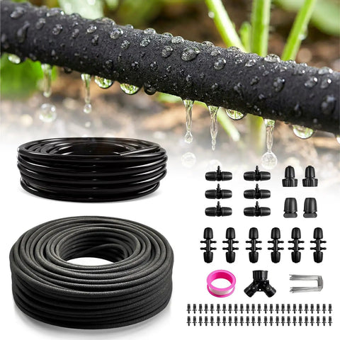 230 Foot Drip Irrigation System With One Quarter Inch Soaker Hose And Weeping Technology kit with components and watering hose