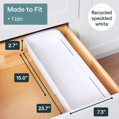 Expandable Sliding Drawer Bin For Kitchens Sets The Bar Inside Deep Drawers The Adjustable Storage Tray In Speckled White dimensions 15 to 23.7 inches.