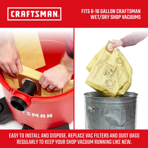Fine Dust Wet Dry Vac Dust Collection Bags For 6 To 10 Gallon Shop Vacs being installed into Craftsman vacuum