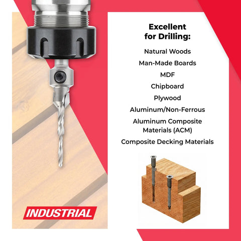 Built To Last Carbide Tipped Countersink Drill Bit With A Slick Slow Spiral Design And Straight Shooting 82 Degree Angle for drilling wood and aluminum.