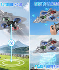 Rad Remote Control Plane With Lights And 360 Degree Flips Foam RC Toy For Kids Ages 8 And Up Fighter Jet Style Drone in flight demonstrating altitude hold.
