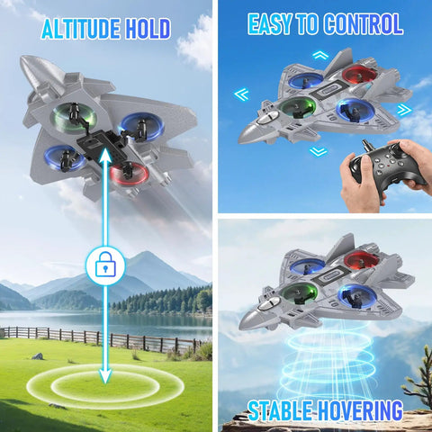 Rad Remote Control Plane With Lights And 360 Degree Flips Foam RC Toy For Kids Ages 8 And Up Fighter Jet Style Drone in flight demonstrating altitude hold.