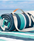 Rolled Waterproof Beach Blanket For Picnics And Camping Extra Large Sandproof Outdoor Rug on beach with carry strap