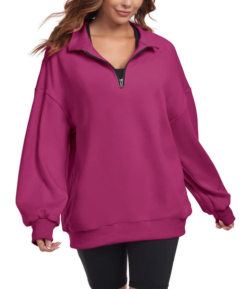 Super Cozy Rose Red Oversized Sweatshirt For Women Half Zip Pullover Top Casual Long Sleeve Fleece Sweatshirt Soft Cotton Polyester Blend