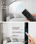 Remote and touch control features of LED Floor Lamp With Remote, Dimmable 2000K-6500K, 9 Brightness Levels, in living room setting.