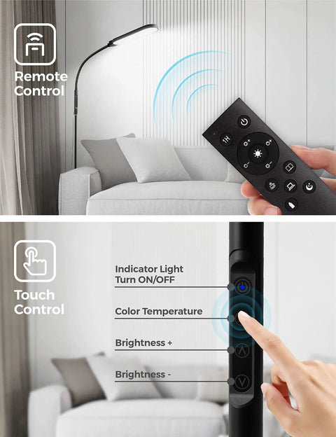 Remote and touch control features of LED Floor Lamp With Remote, Dimmable 2000K-6500K, 9 Brightness Levels, in living room setting.