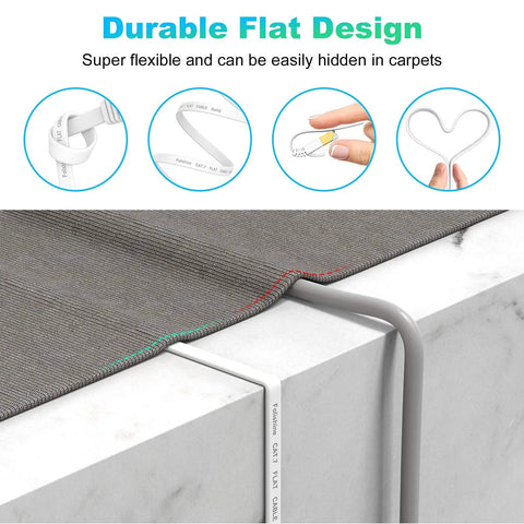 Flat Cat6e Ethernet Cable 25 Ft High Speed Patch Cord With RJ45 Connectors for router modem, shown in neat cable management under carpet