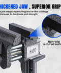 Close-up of Heavy Duty 3 Inch 360 Swivel Clamp On Bench Vise Drops A Knockout 800 Pound Lockdown Grip jaws showcasing non-slip textured surface.