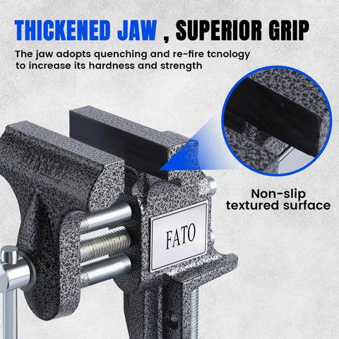 Close-up of Heavy Duty 3 Inch 360 Swivel Clamp On Bench Vise Drops A Knockout 800 Pound Lockdown Grip jaws showcasing non-slip textured surface.