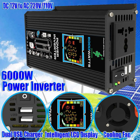 Weekend Warrior Solar Power Kit 6000W Inverter shown with dual USB ports and LCD display, designed for RV and boat use.