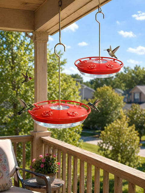 Two Pack 16oz Leak Proof Dish Style Hummingbird Nectar Feeder with Built In Ant Moat Five Feeding Ports Wide Mouth for Easy Clean BPA Free Outdoor Garden Decor Gift on porch with hummingbirds