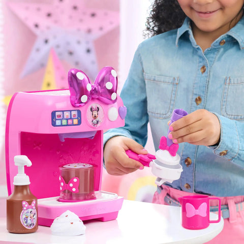 Minnie Mouse Bowrista 10 Inch Kids Espresso Machine Play Set With Cups Syrup Bottle Frothing Pitcher Portafilter Tamper And Toppings
