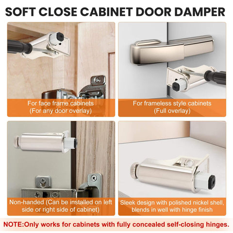 5 Pcs Soft Close Damper For Cabinet Doors And Wardrobe Doors, adjustable hydraulic buffer in various installed views.