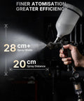 Heavy Duty LVLP Auto Paint Sprayer with stainless fluid path showing 28 cm spray width and 20 cm spray distance.