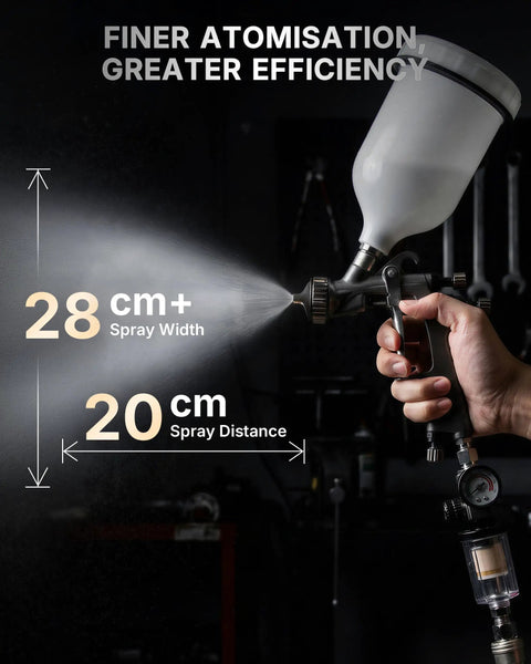 Heavy Duty LVLP Auto Paint Sprayer with stainless fluid path showing 28 cm spray width and 20 cm spray distance.